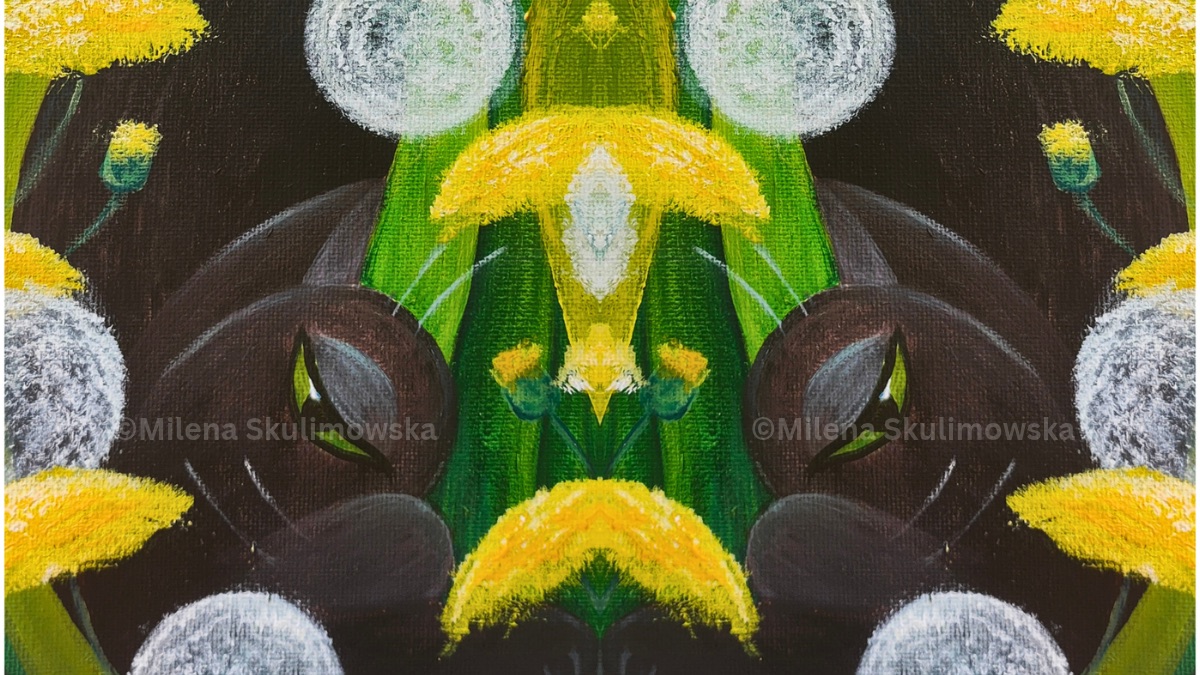 Acrylic painting of a curled black cat with a green eye resting among green stems and yellow flowers, with soft white circular blooms in the background.