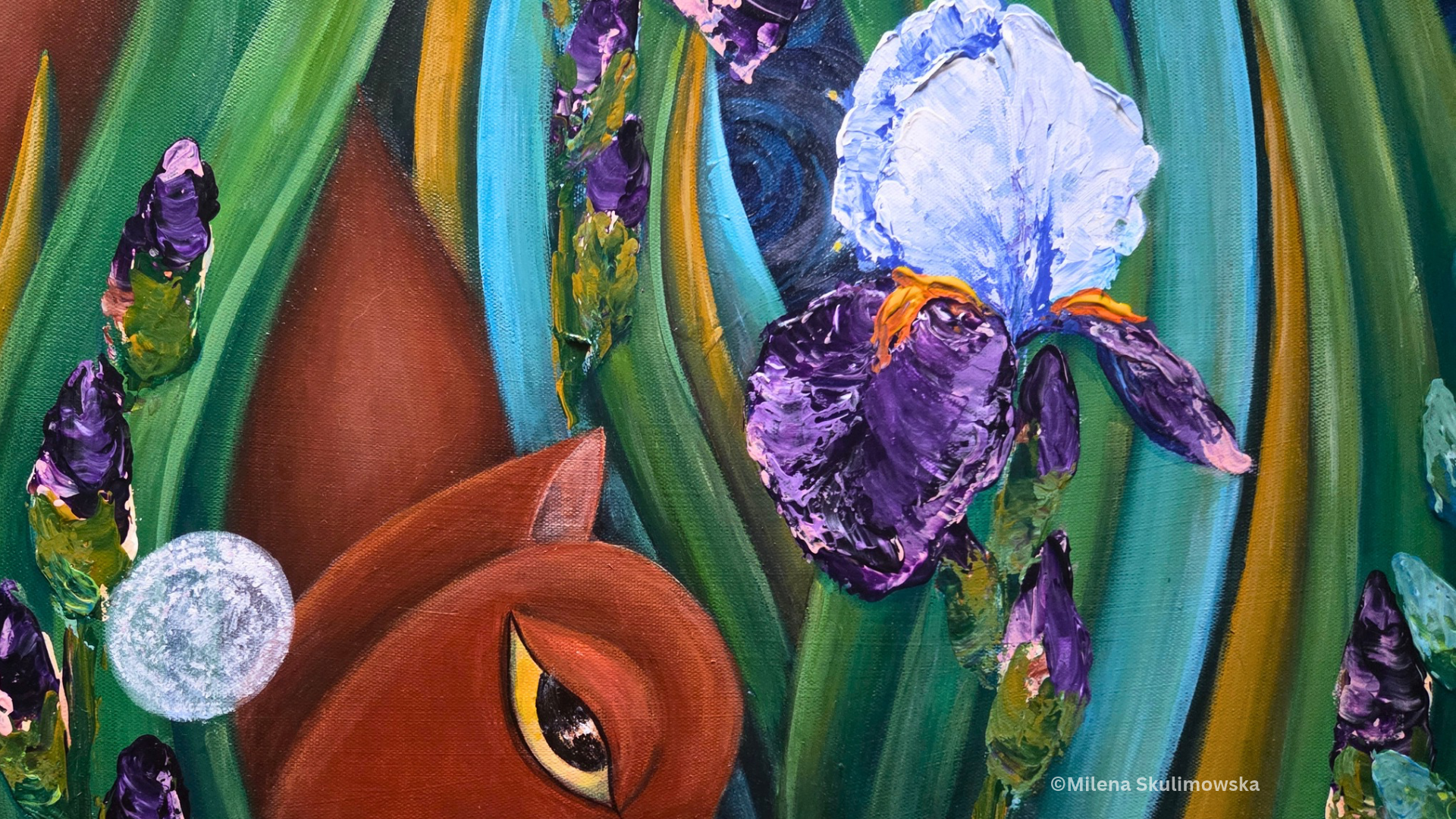 Cat curled among iris flowers and flowing green leaves in a colourful cat painting.